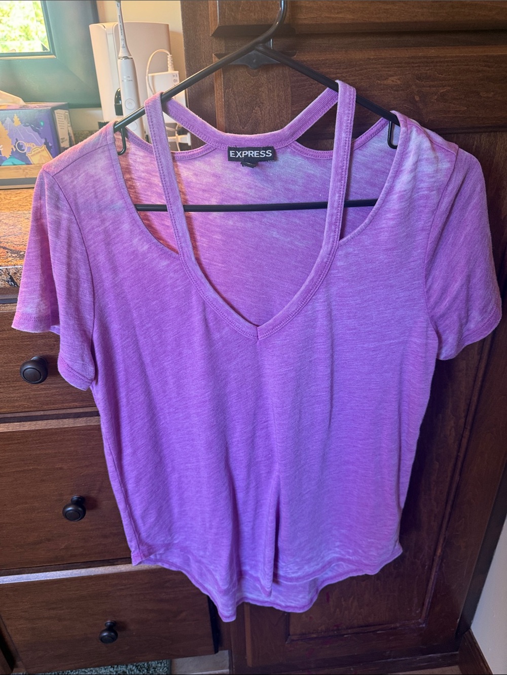 Express Purple Short-Sleeve V-Neck Double-Strap Top
